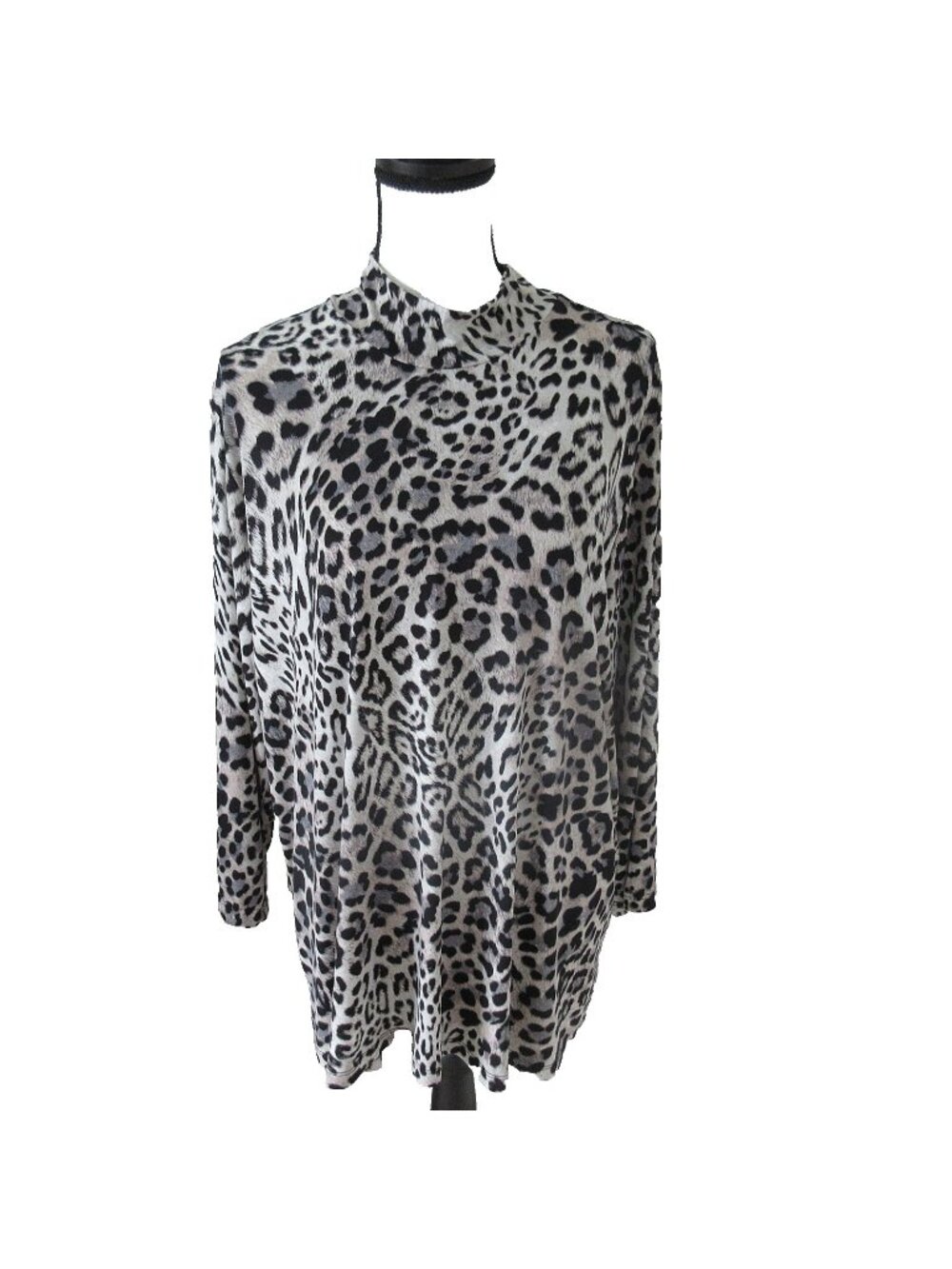 Susan Graver Womens 2X Liquid Knit Leopard Print Mock Neck Tunic Top Gray Black